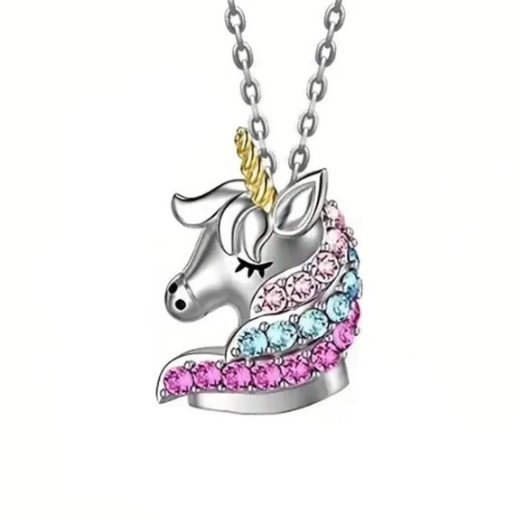 Sparkling Unicorn Pendant Necklace on Silver Tone Chain With Colorful Crystals - Picture 1 of 2